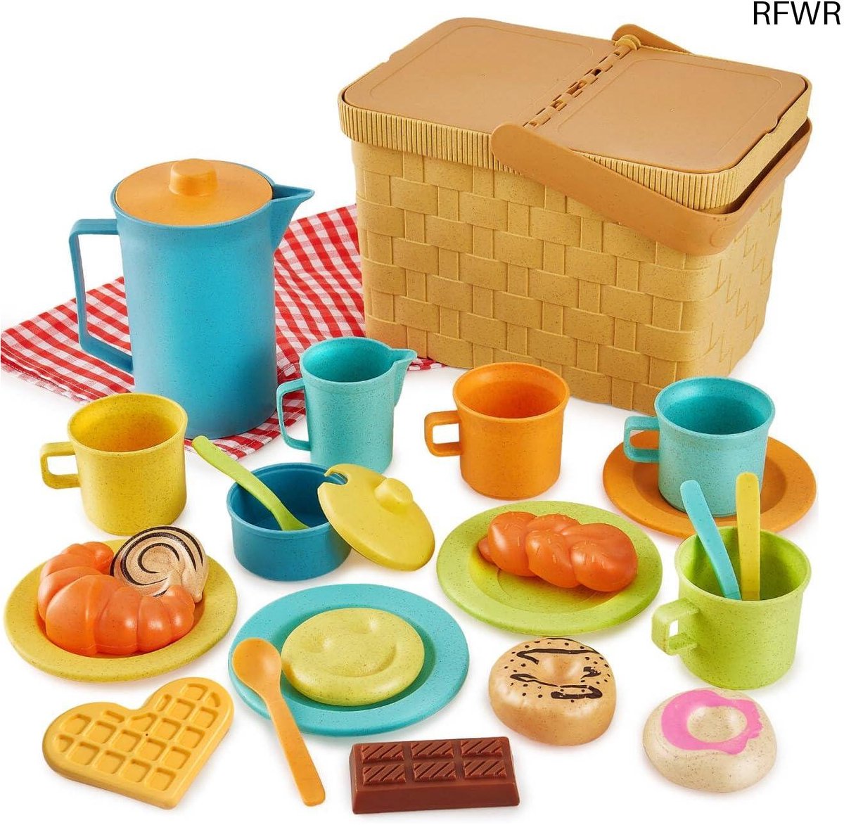  ® Speelgoed Theekransje Set voor Kinderen - Picknick Speelset met Mand en Mat - Rollenspel Eten voor Peuters en Jonge Kinderen