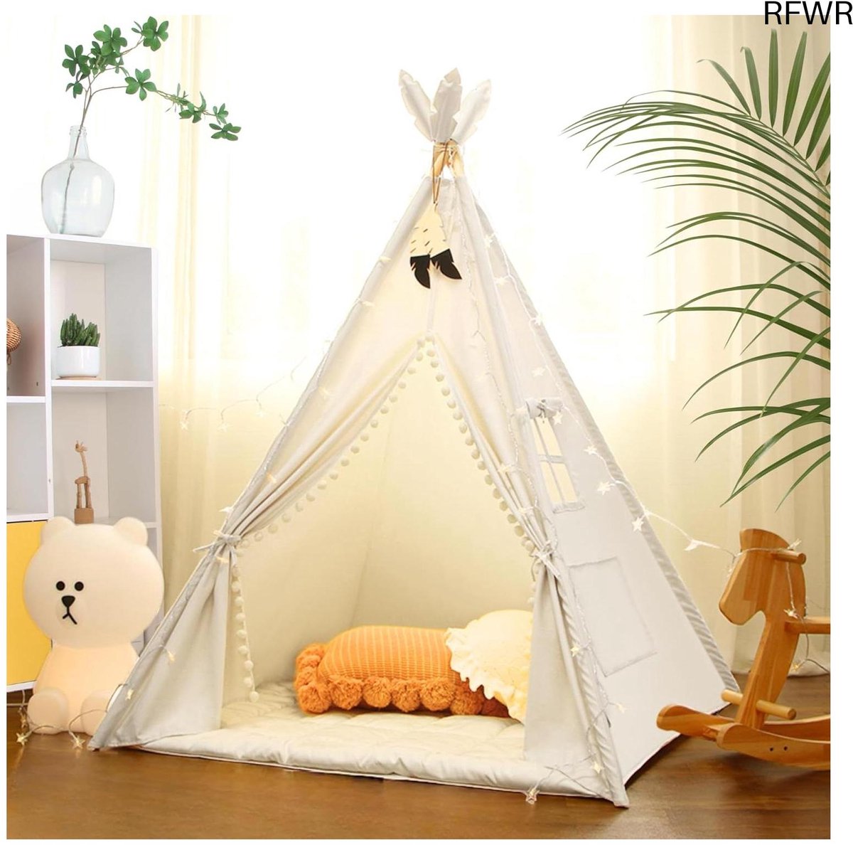  ® Tipi-tent voor kinderen van 100% katoen met knuffelmat en veerversiering - Stabiele speeltent voor binnen en buiten