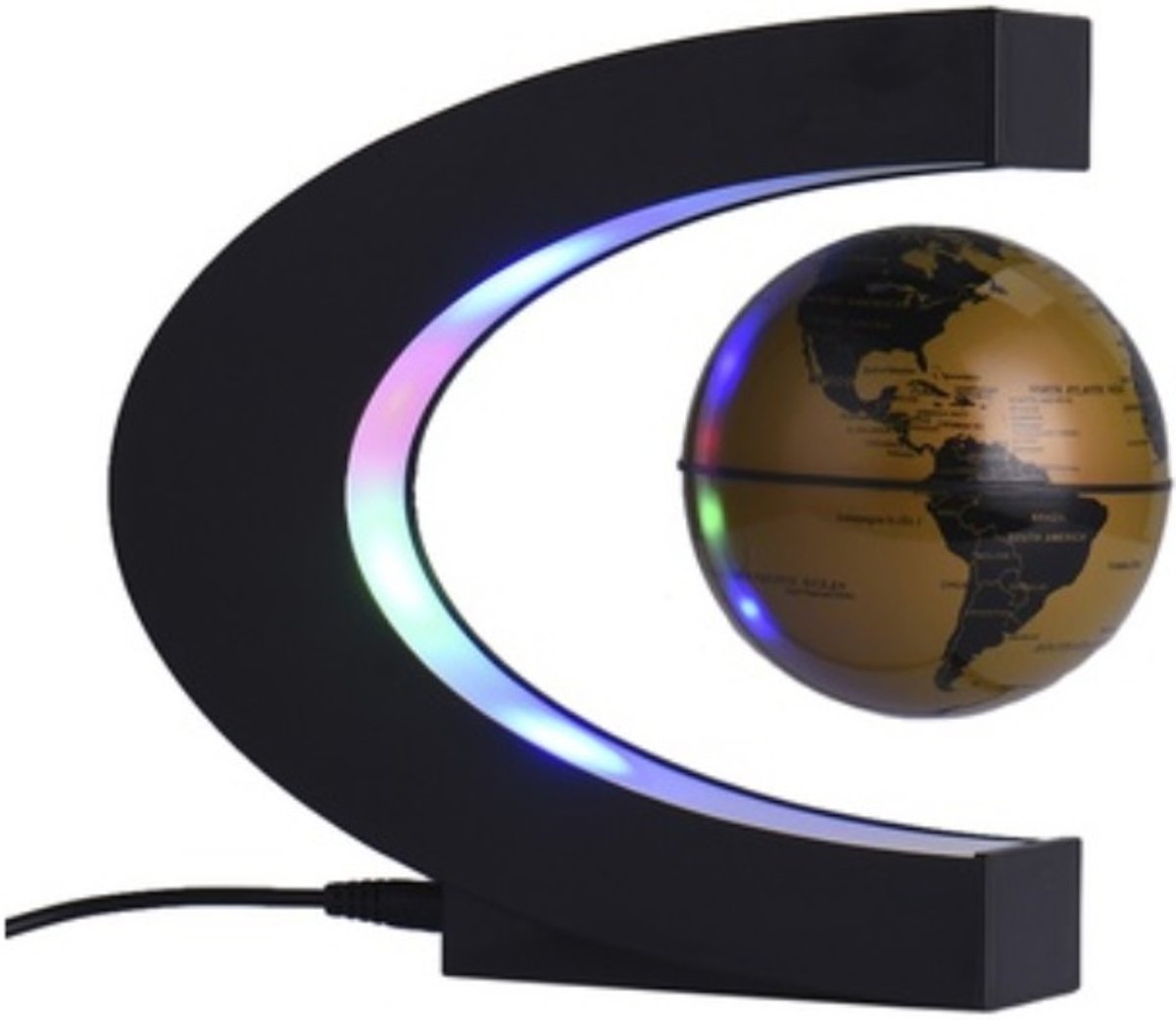 Zwevende Wereldbol Zwart/goud ø 9 cm in C- frame - Met LED verlichting