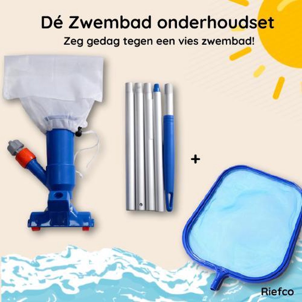 Riefco - Zwembadstofzuiger + Zwembad schepnet - COMPLETE SET -  Jet Vac - Inclusief Telescoopstang - Inclusief Zwembad Schepnet - Zwembadreinigingsset - Zwembadonderhoud set - Bodemzuiger - Jacuzzi stofzuiger - Zwembad