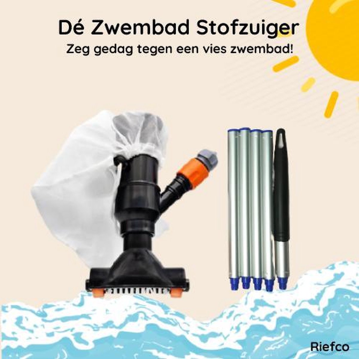 Riefco - Zwembadstofzuiger zwart - COMPLEET - Jet Vac - Inclusief Telescoopstang - Zwembadreiniging - Zwembadonderhoud - Bodemzuiger - Jacuzzi stofzuiger - Zwembad stofzuiger