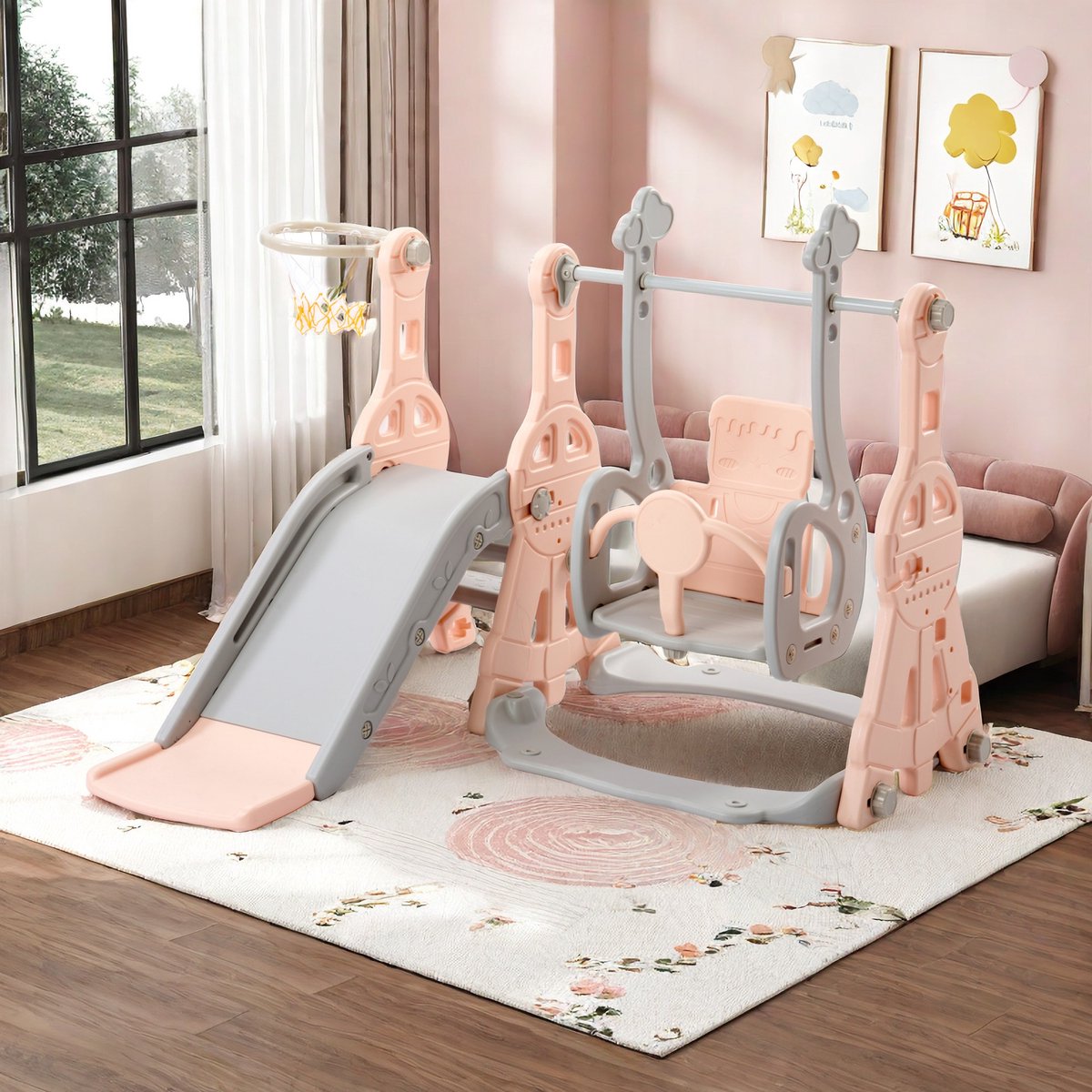 Kinderglijbaan, multifunctionele 4 in 1 kinderglijbaan schommel met basketbalstandaard, klimladder, schommelglijbaan tuinglijbaan voor binnen en buiten