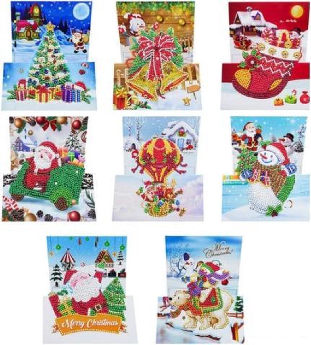 C&C 8 3D Diamond Painting Kerstkaarten - 15x15cm - Christmas kaarten met enveloppen - Diamond painting complete set