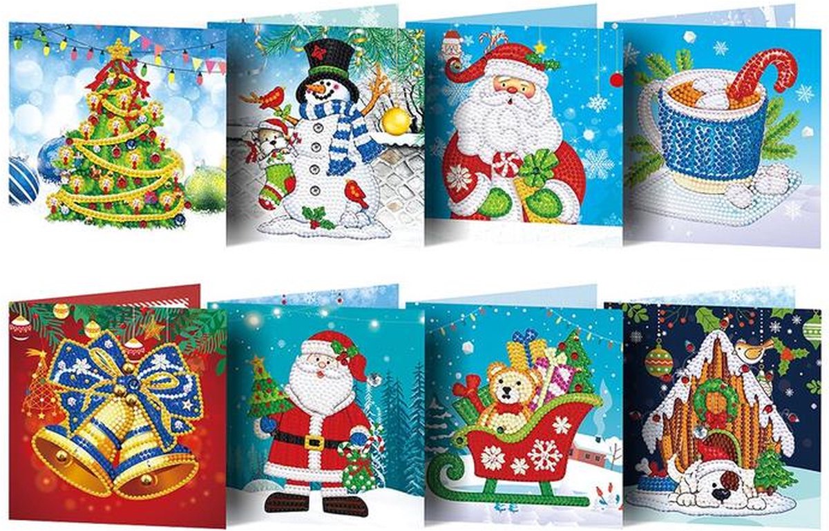 Cards & Crafts 8 Diamond Painting Kerstkaarten - 15x15cm - Kerstkaarten met enveloppen - Diamond painting complete set