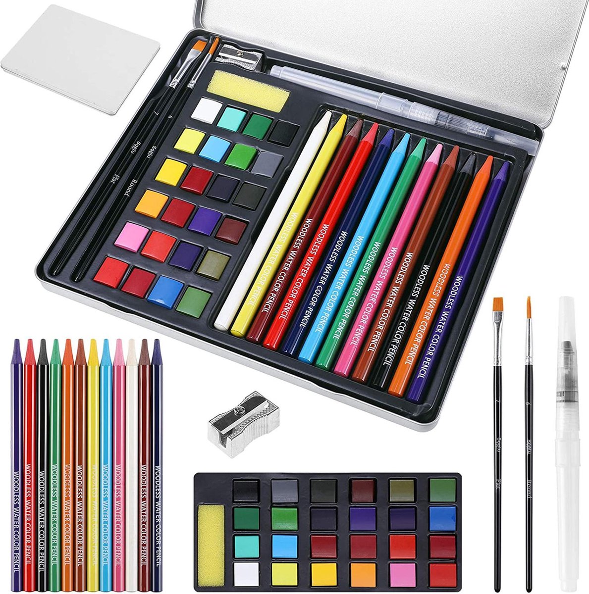 RX Goods® 42 Stuks Waterverf & Aquarel Schilder Set – 12 Aquarelpotloden, 24 Verven & Accessoires – Kinderen & Volwassenen