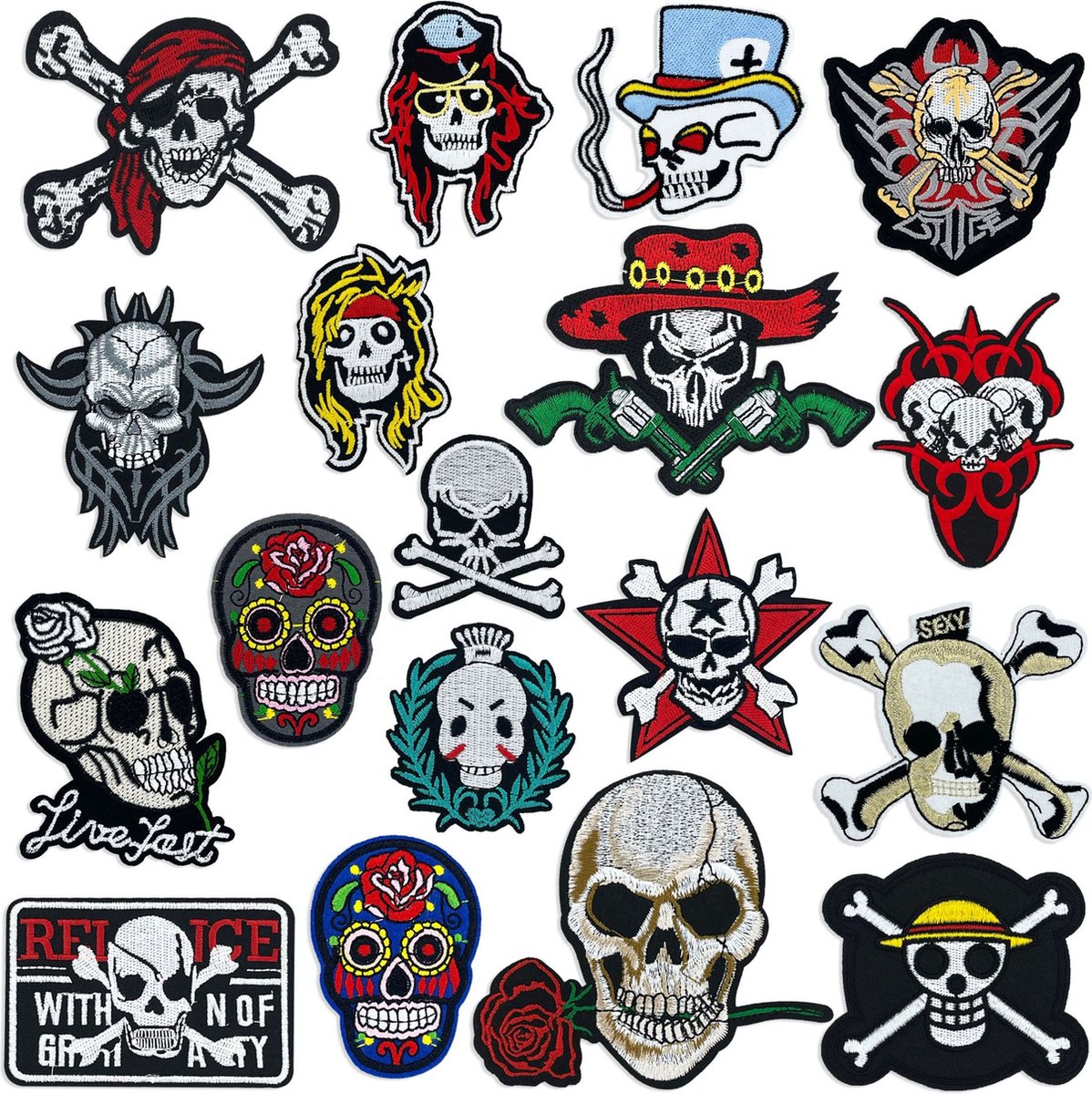 Rainbecom – Schedel Patches 18 delige set - Strijk Embleem - Stof & Strijk Applicatie - Kleding Patchs - Versiering Voor Kleding