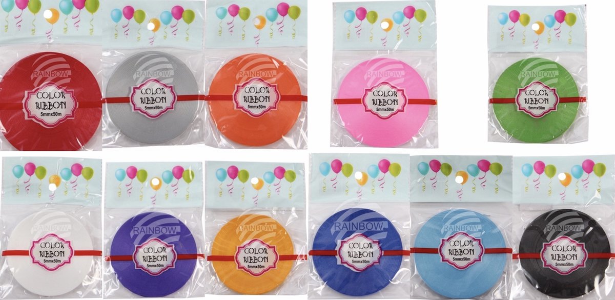 11 Platte rollen cadeaulint/krullint/ballonlint - 5 mm. - 50 meter - Rood/Grijs/Oranje/Wit/Paars/Goudgeel/Roze/Groen/Blauw/Licht blauw/Zwart - In blisterverpakking