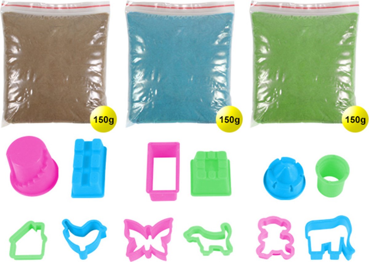 Speelzand/magisch zand set 450 gram 3 kleuren met 12 zandvormen - Kinetisch speelzand