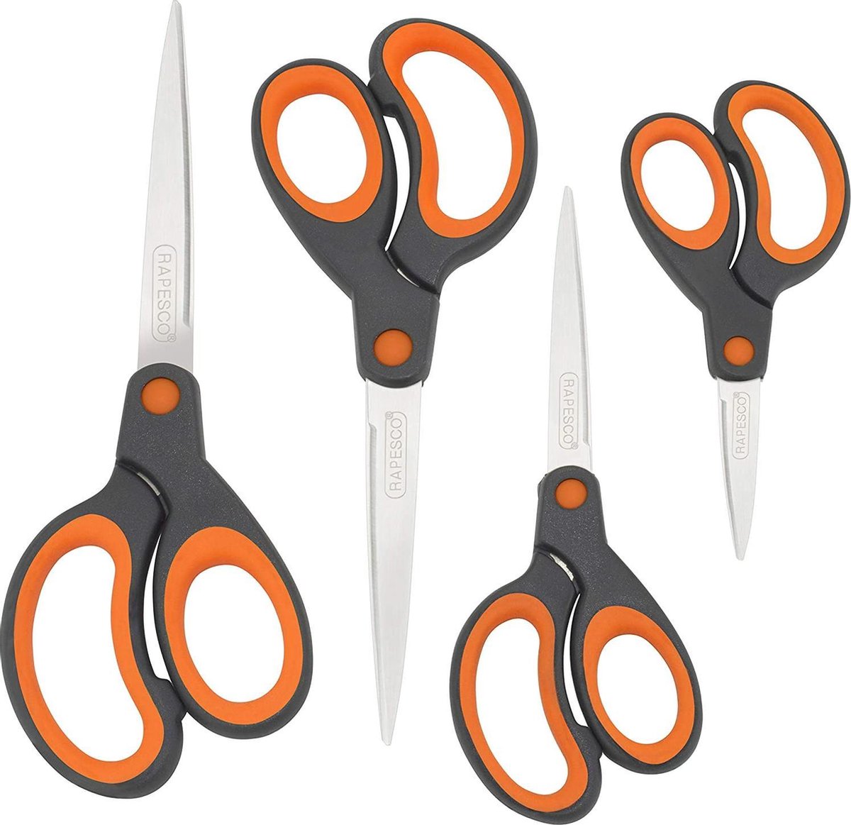 Rapesco Soft Grip schaar -  Set van 4 stuks - Zwart/Oranje - Links en rechtshandig