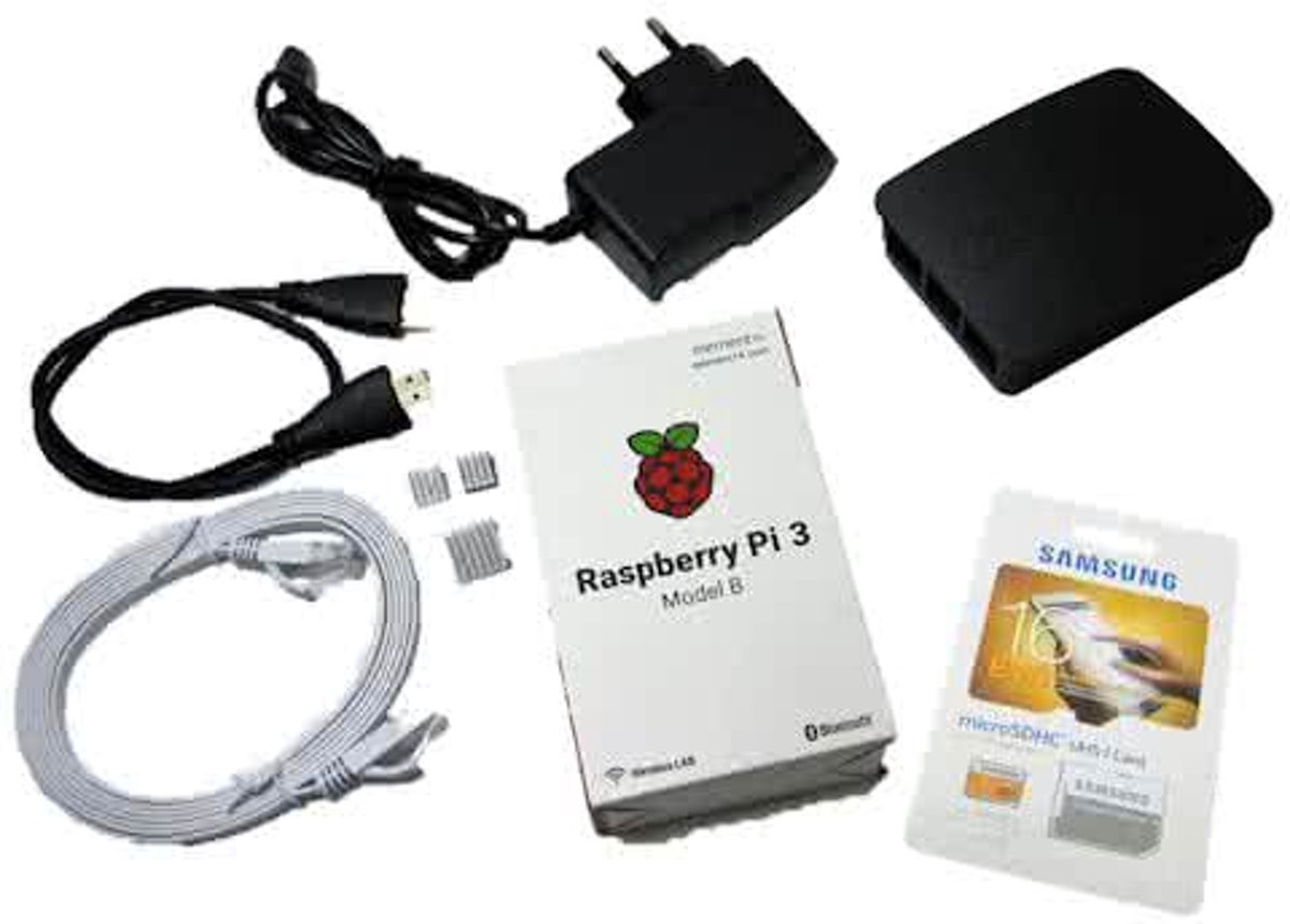 Raspberry Pi 3 starter kit met 16GB, voeding, behuizing, heatsink, HDMI- & netwerk kabel