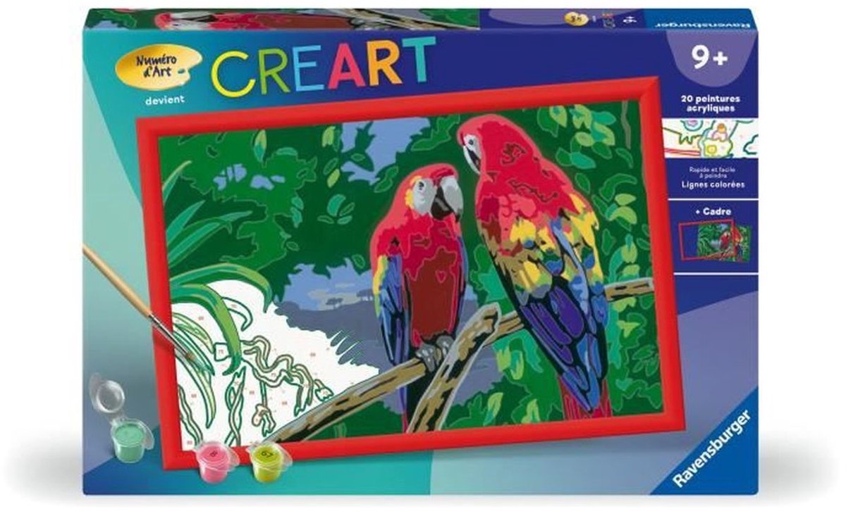CreArt Kids 31x21cm Papegaaien - Schilderen op nummer pakket Kunstgetal - Vanaf 7 jaar - 25854  