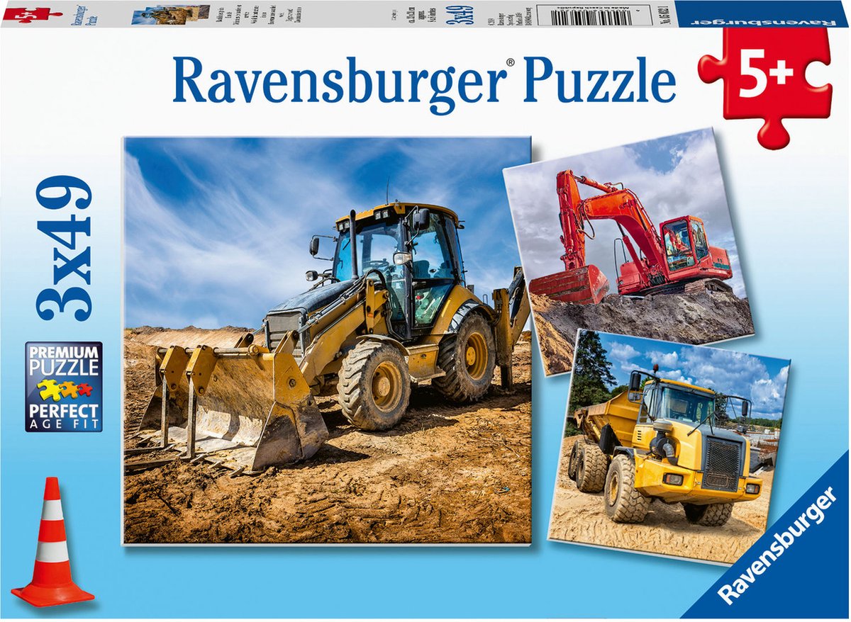 Puzzel 3x49 stukjes Bouwmachines aan het werk