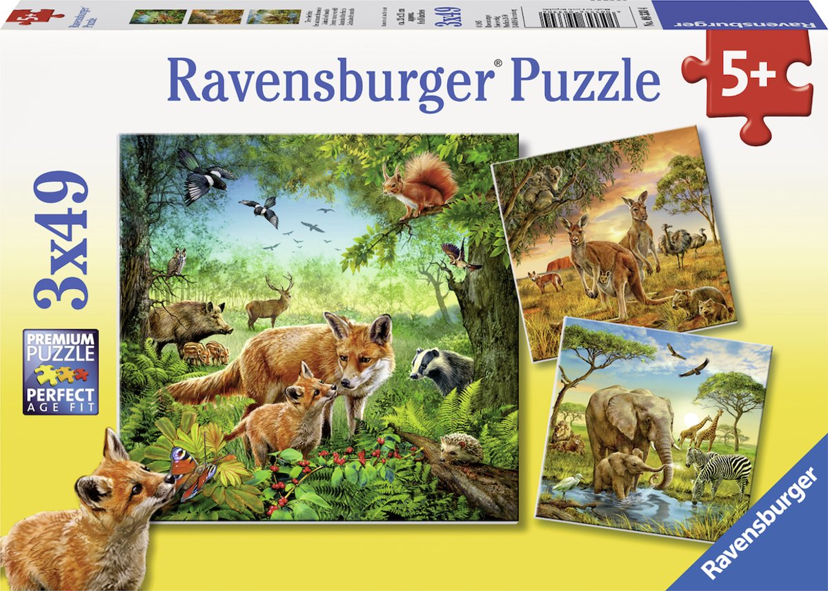   Dieren van de wereld - Drie puzzels van 49 stukjes