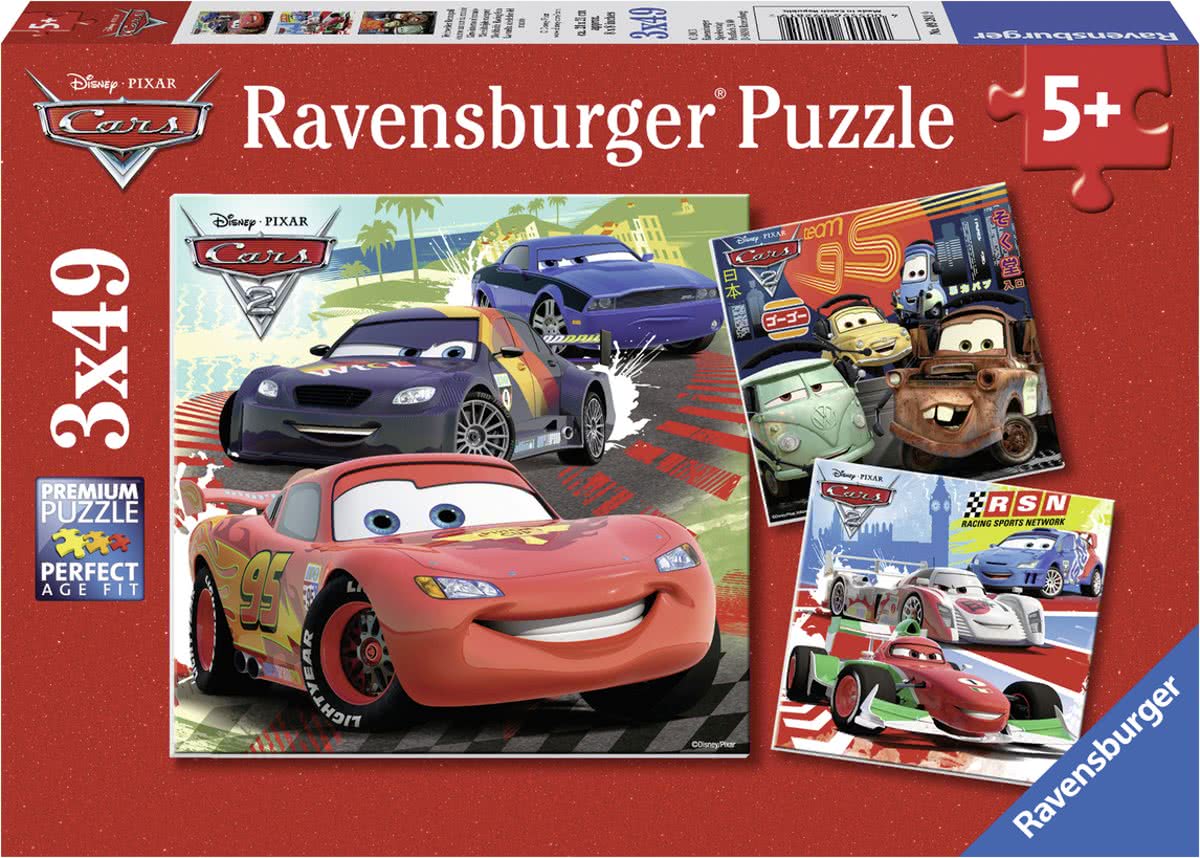   Disney Cars. Wereldwijde race pret- Drie puzzels van 49 stukjes - kinderpuzzel