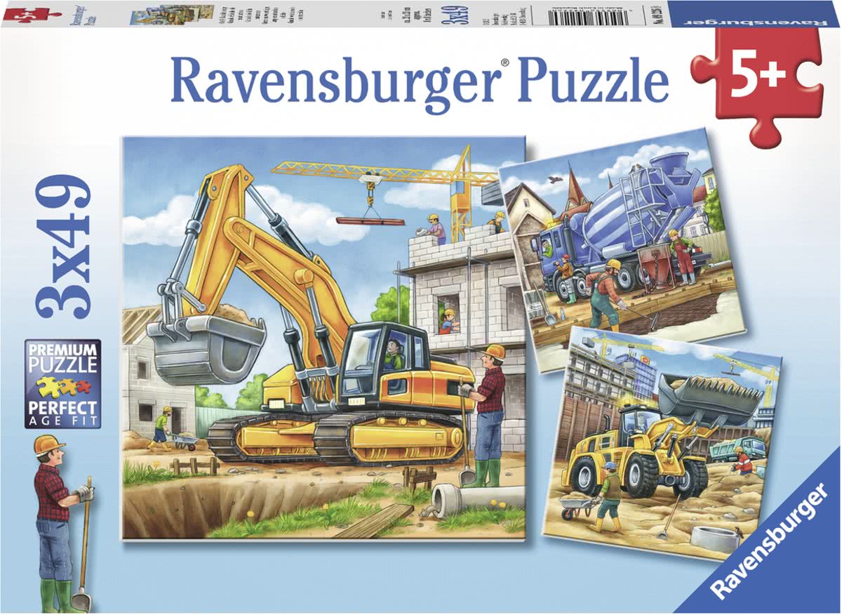   Grote bouwvoertuigen- Drie puzzels van 49 stukjes - kinderpuzzel