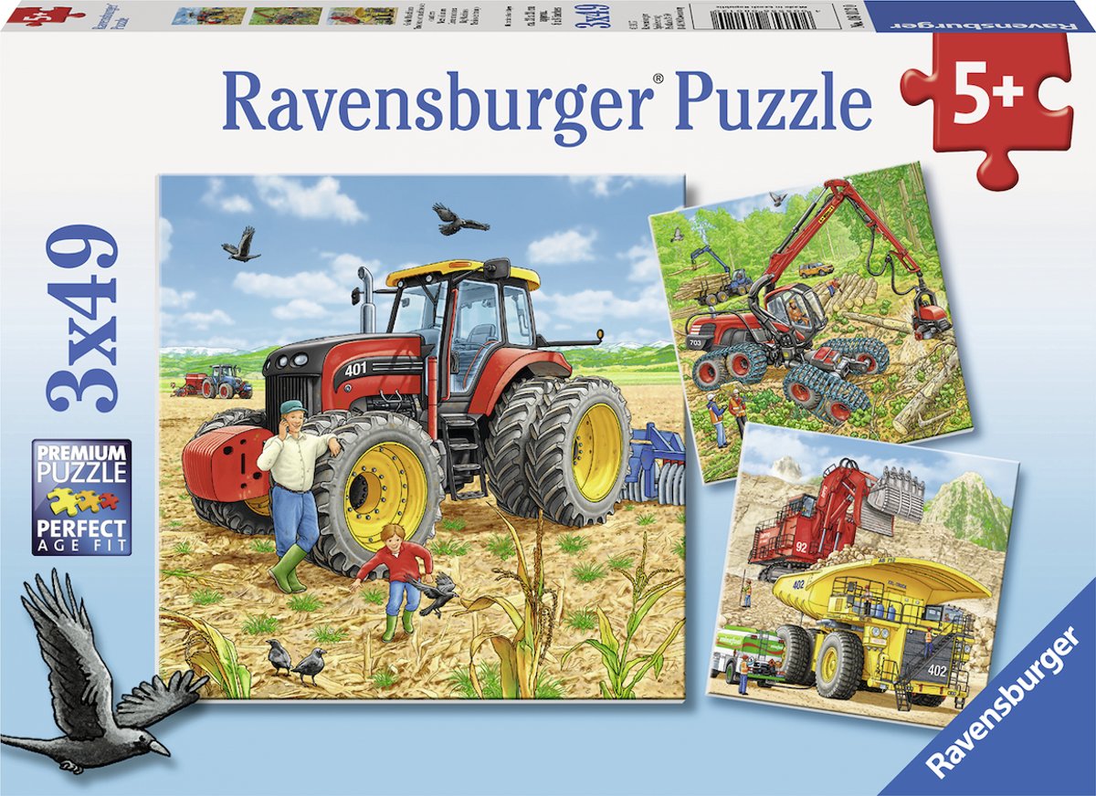   Grote machines- Drie puzzels van 49 stukjes - kinderpuzzel