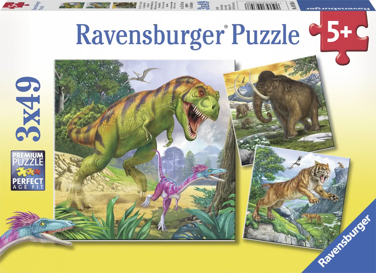   Heersers van de oertijd- Drie puzzels van 49 stukjes - kinderpuzzel