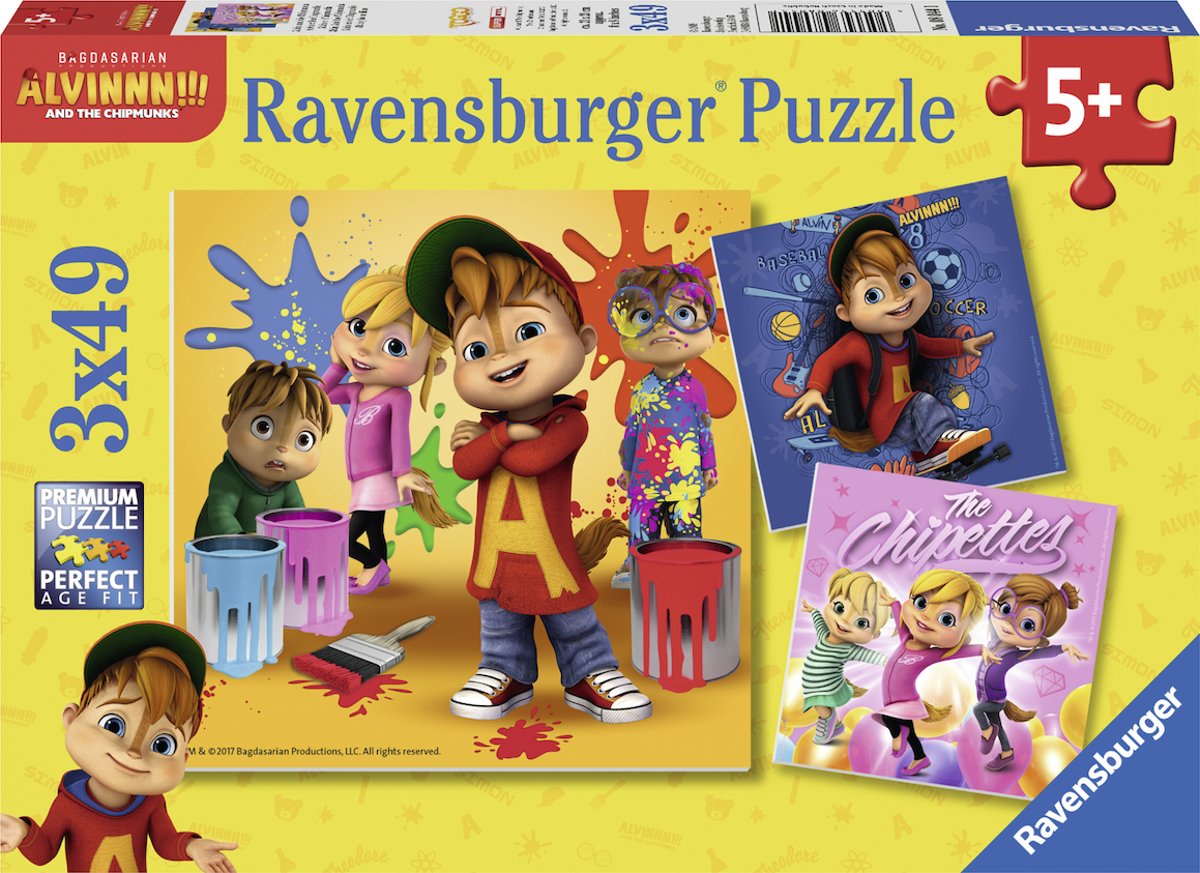   puzzel Alvin & the Chipmunks - Drie puzzels - 49 stukjes - kinderpuzzel