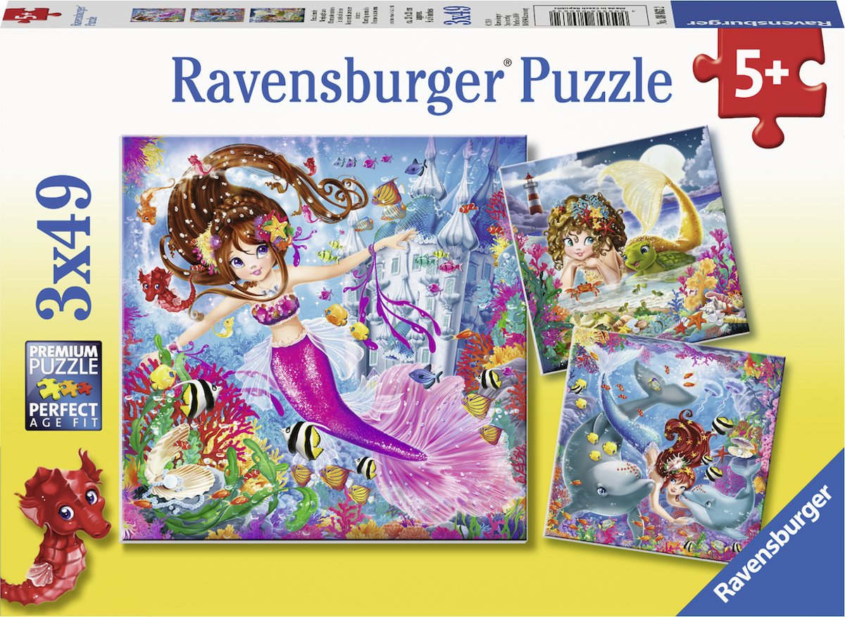   puzzel Betoverende zeemeerminnen - Drie puzzels - 49 stukjes - kinderpuzzel