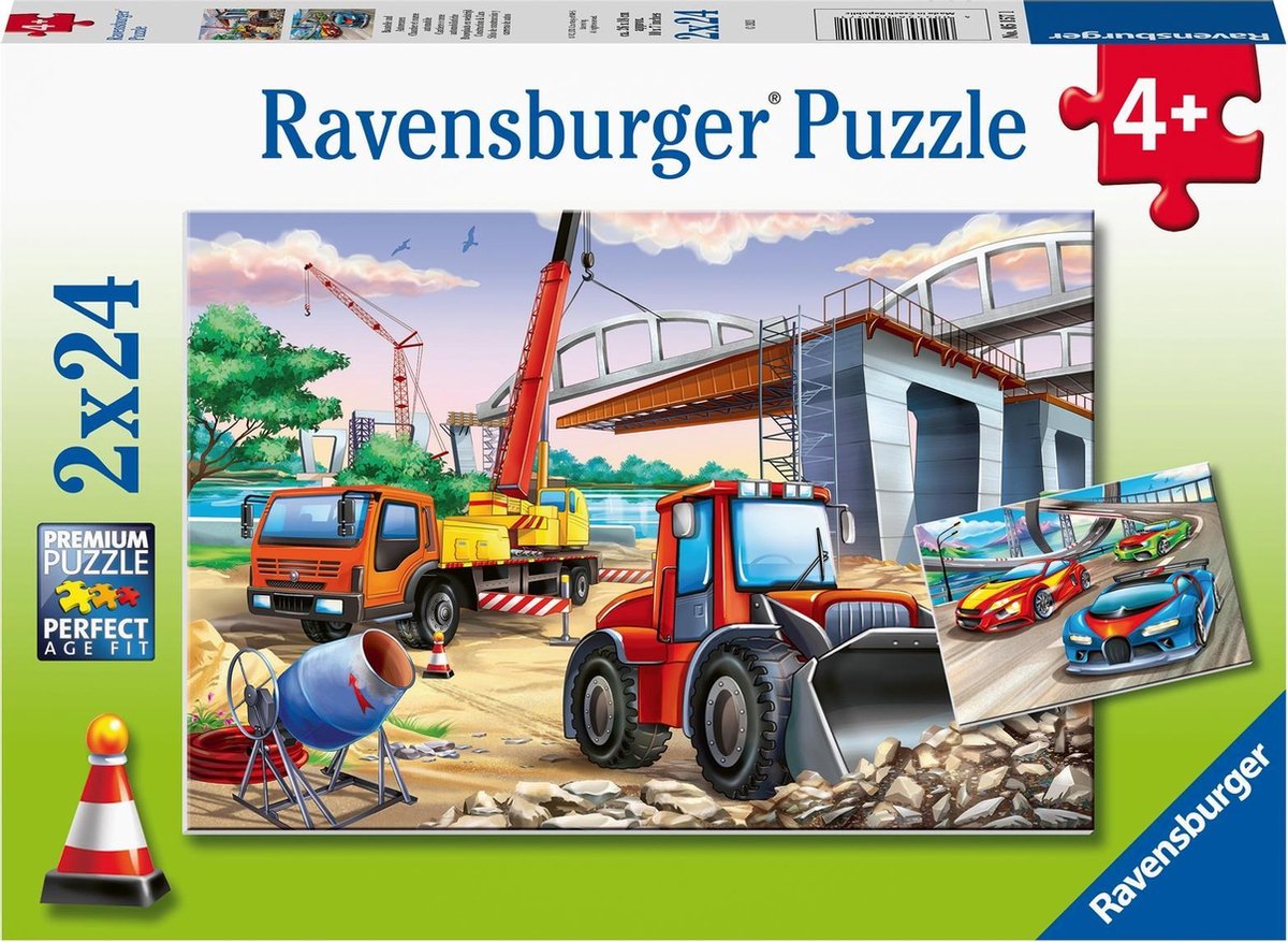 Ravensburger puzzel Bouwplaats en wedstrijd  - 2 x 24 stukjes - kinderpuzzel