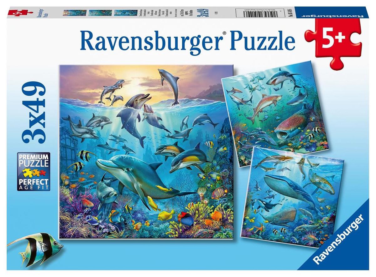   puzzel Dieren in de oceaan - Drie puzzels - 49 stukjes - kinderpuzzel