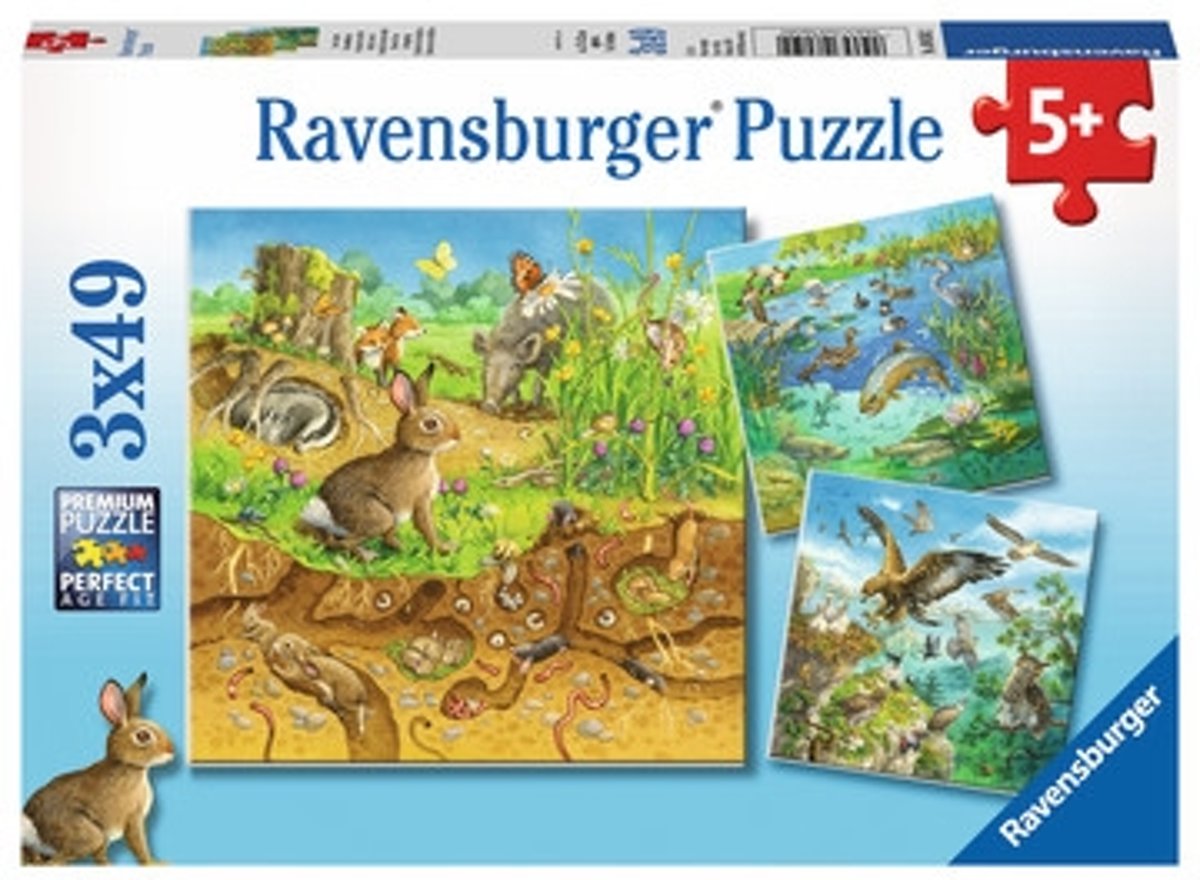   puzzel Dieren in hun leefomgeving - Drie puzzels - 49 stukjes - kinderpuzzel