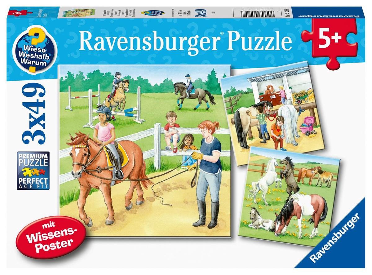 Ravensburger puzzel Een dag op de manege - 3 x 49 stukjes - kinderpuzzel