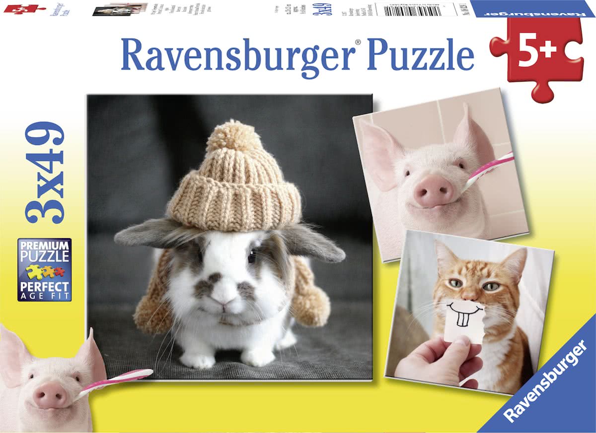   puzzel Komische dierenportretten - Drie puzzels van 49 stukjes - kinderpuzzel