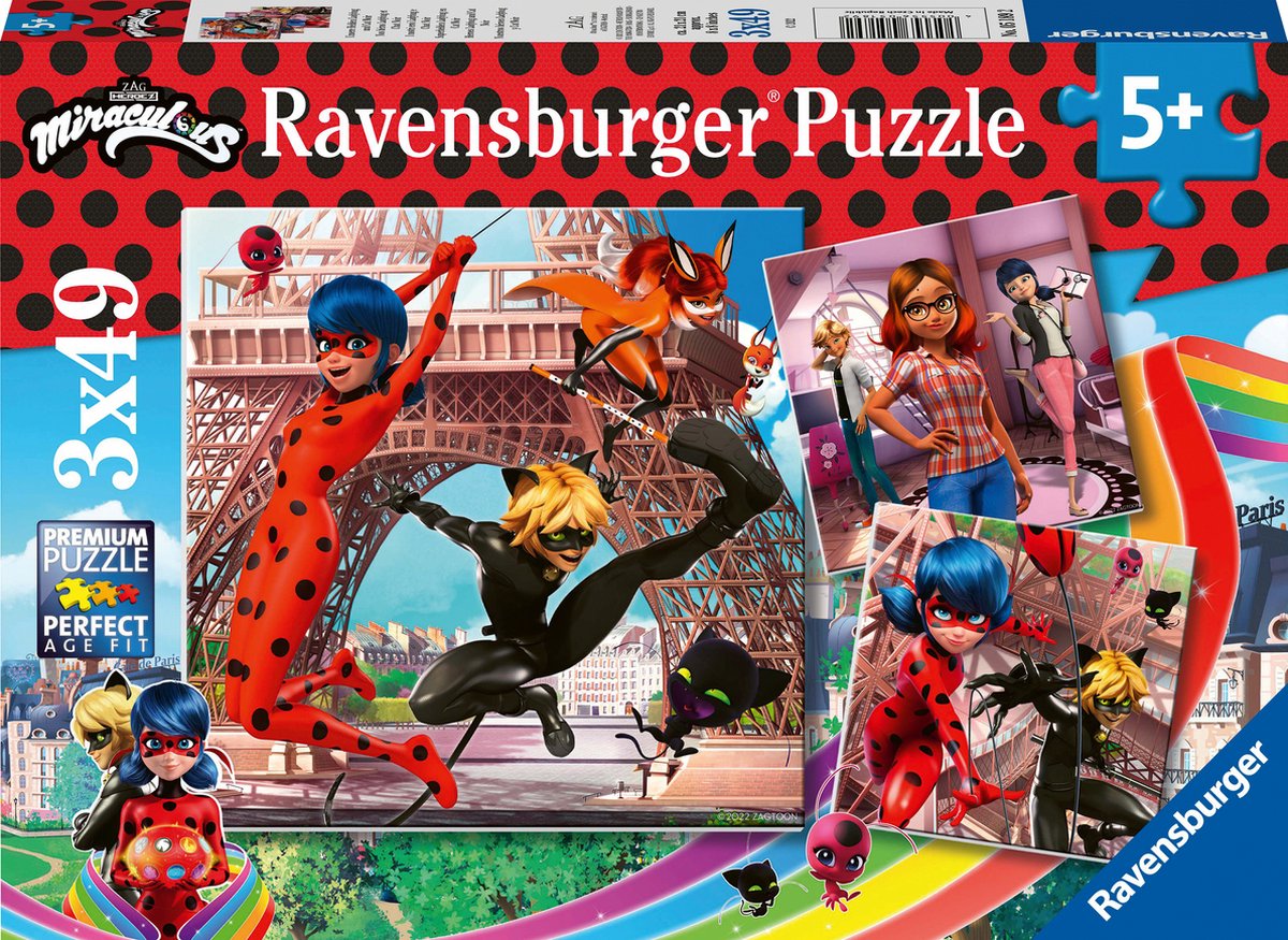 Ravensburger puzzel Miraculous Heroes Lady Bug and Cat Noir - 3x49 stukjes - kinderpuzzel