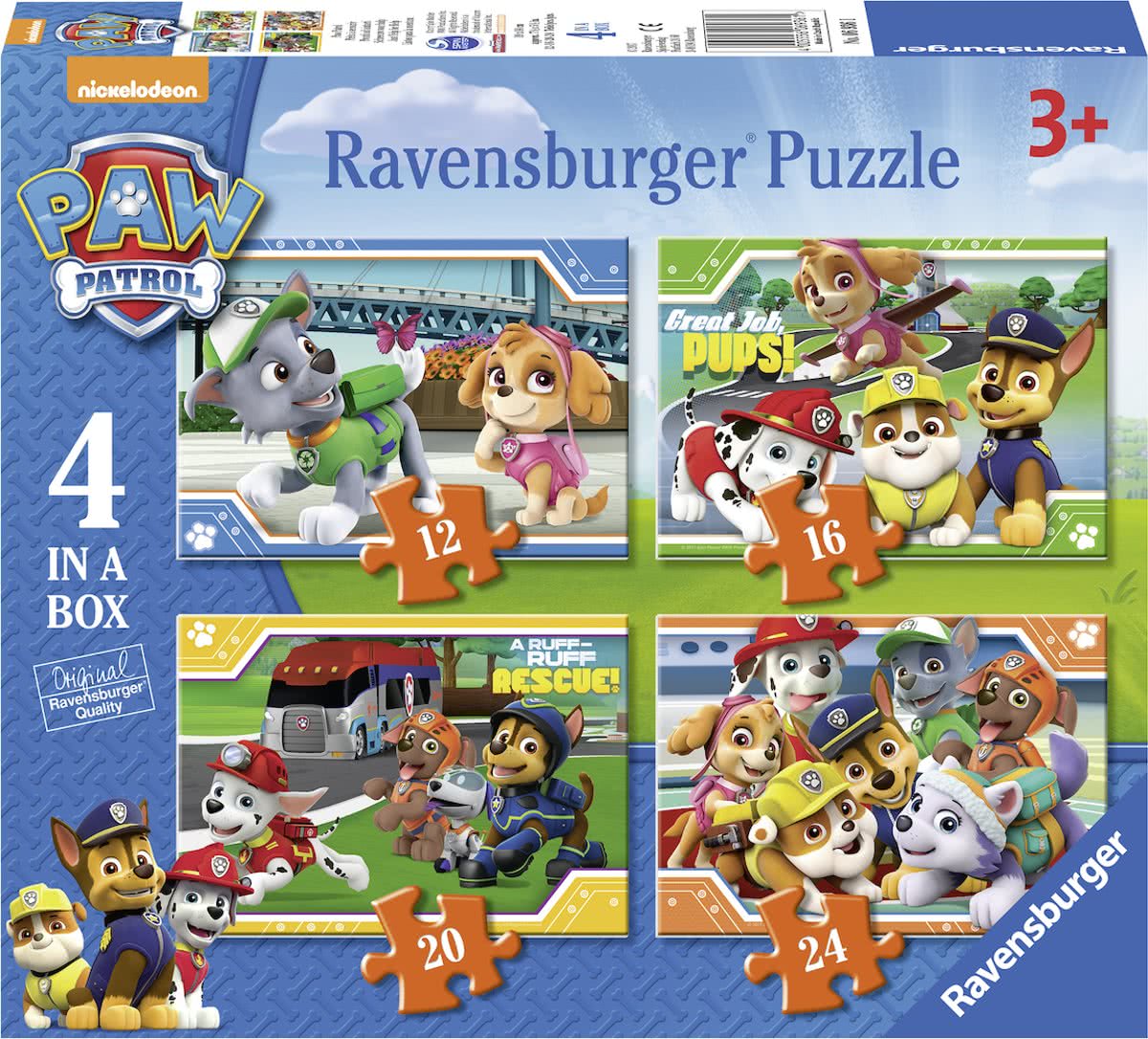   puzzel Paw Patrol - Vier puzzels 12+16+20+24 stukjes - kinderpuzzel