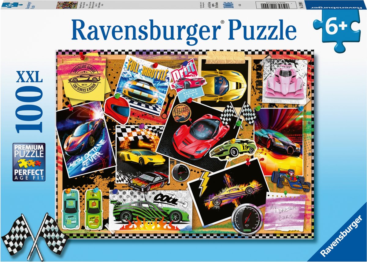   puzzel Prikbord met raceautos - Legpuzzel - 100 stukjes