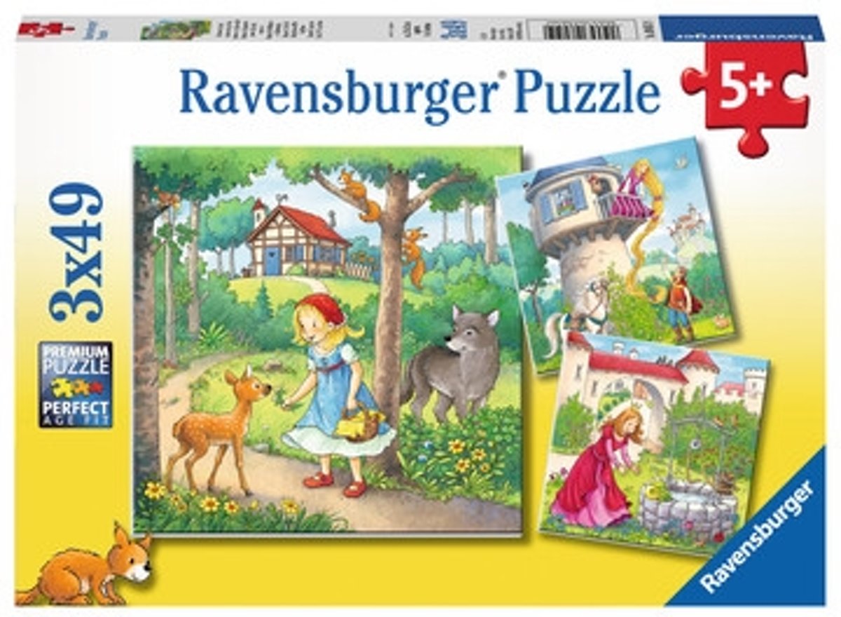   puzzel Rapunzel, Roodkapje en de Kikkerprins - Drie puzzels - 49 stukjes - kinderpuzzel