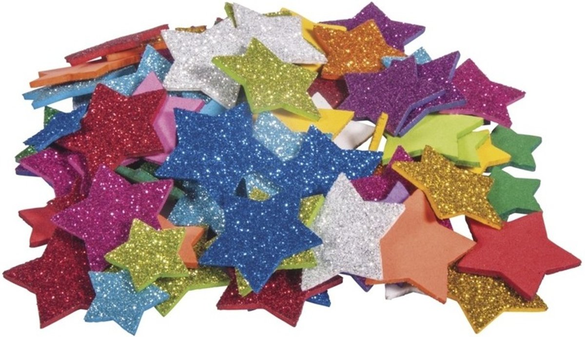 100x Zelfklevende hobby/knutsel foam/rubber sterretjes met glitters - Knutselmateriaal/hobbymateriaal voor kinderen