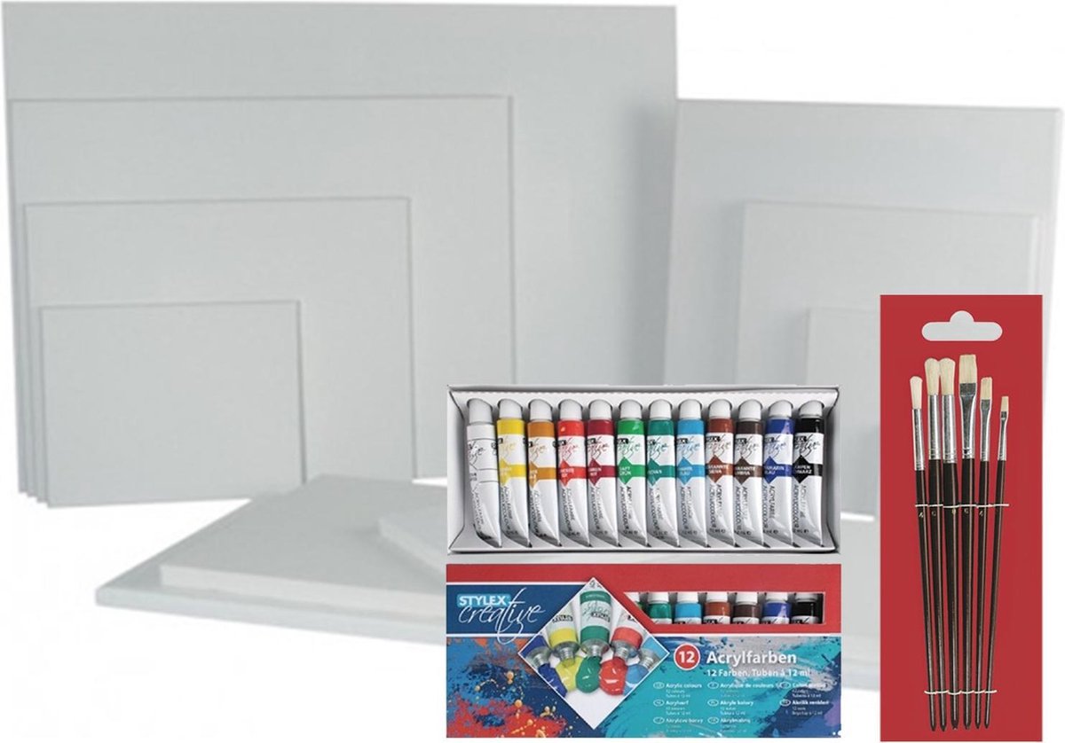 Schildersdoek van 50 x 50 cm met diverse penselen en setje van 12 tubes acryl verf - Schilderij maken voor kinderen