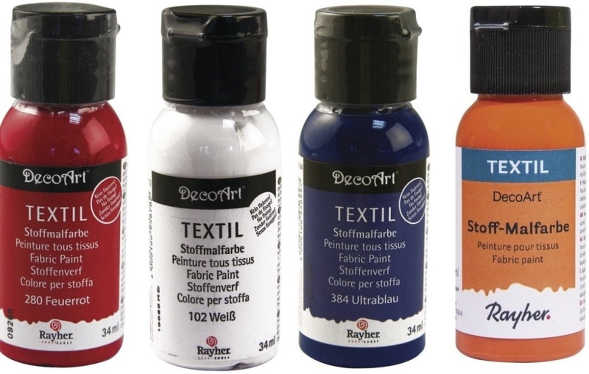 Set 4 flacons textielverf rood/wit/blauw/oranje 34 ml per flacon - acryl stoffen verf