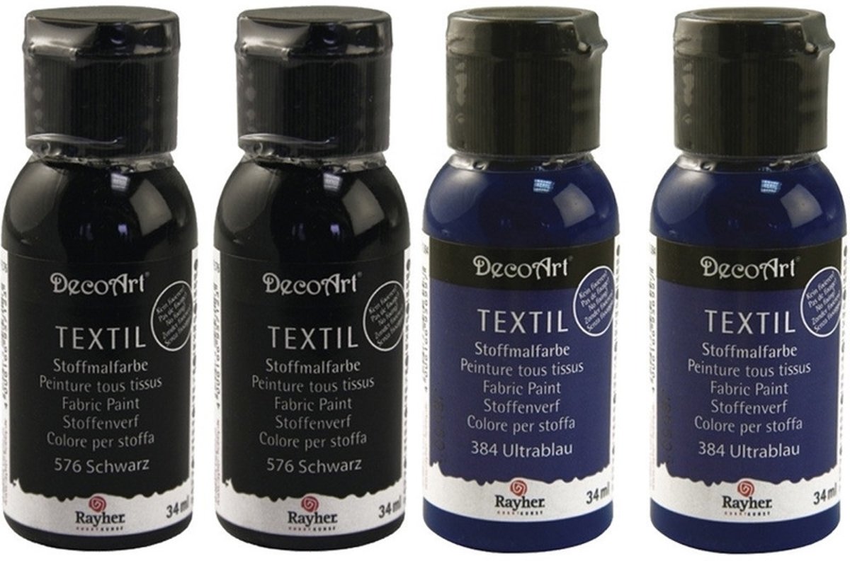 Set 4 flacons textielverf zwart/donkerblauw 34 ml per flacon