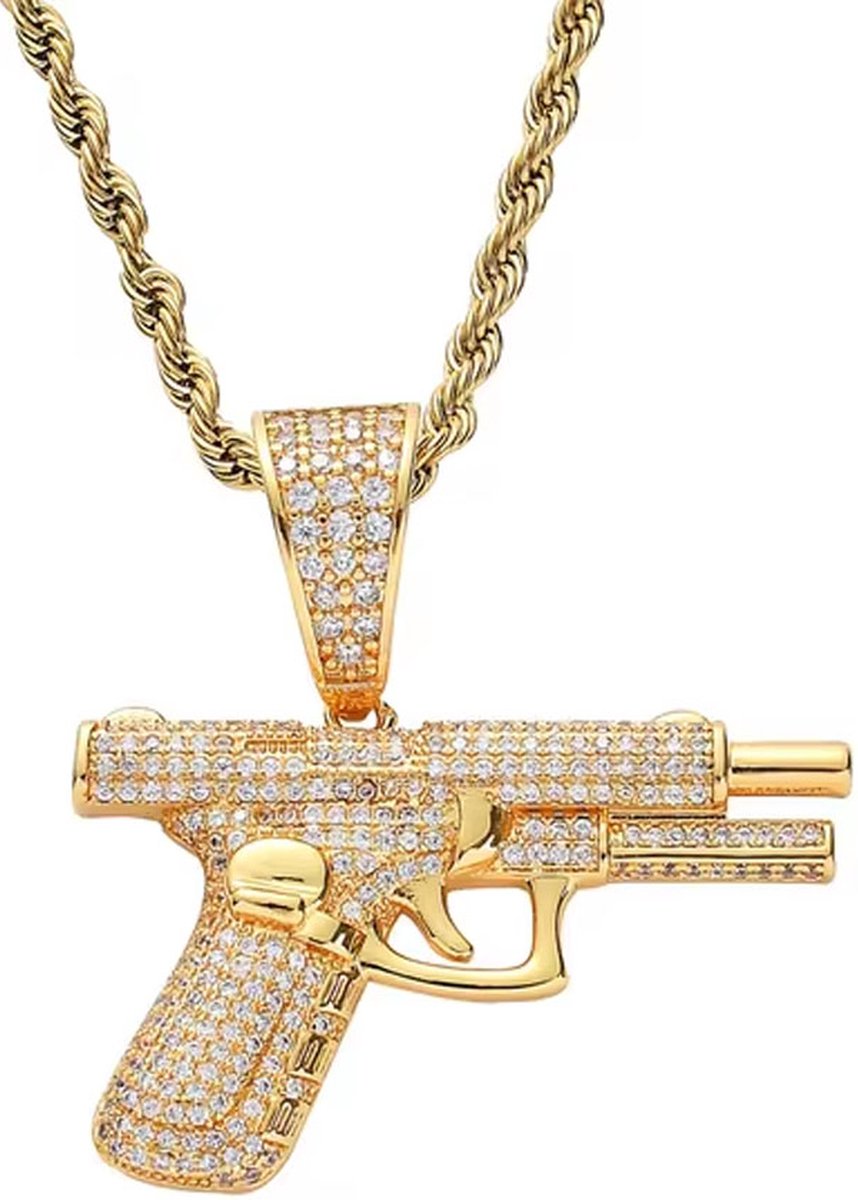 Golden Glock Ketting met diamantjes - Goud Look - Imitatie Diamant - Geweer - Wapen - Gun