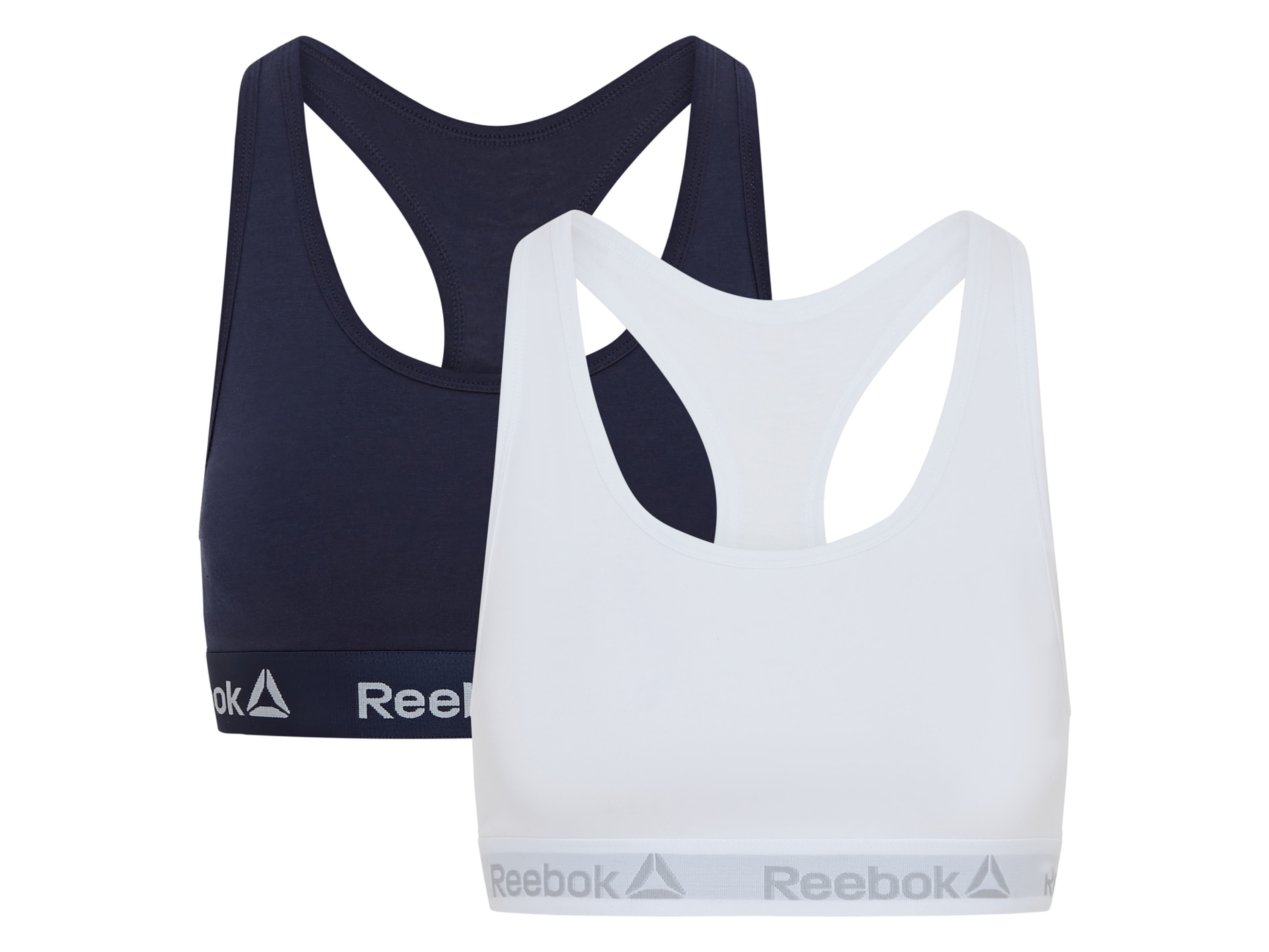 Reebok 2 dames sport-BH's (S, Donkerblauw/wit)