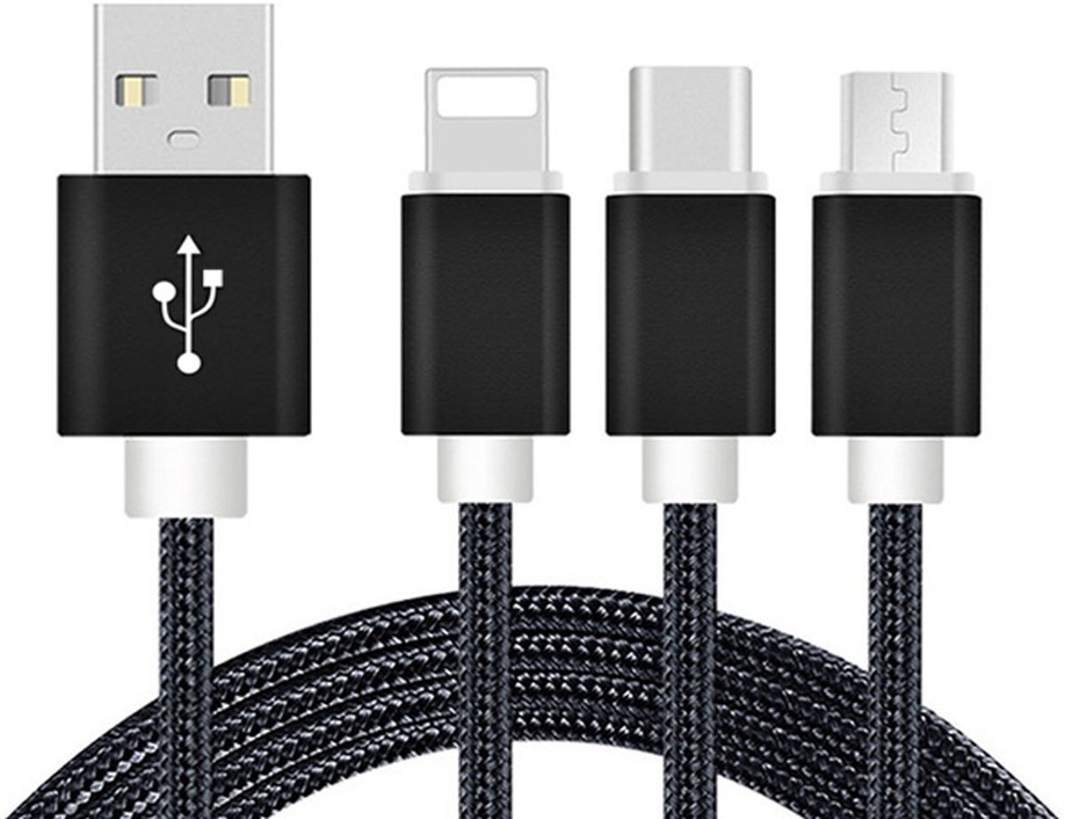 Reekin 3 in 1 Charging Cable (USB Micro, USB Type-C & Lightning) - 1,2 Meter (Black-Nylon)