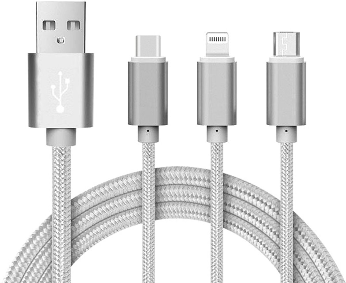 Reekin 3 in 1 Charging Cable (USB Micro, USB Type-C & Lightning) - 1,2 Meter (Silver-Nylon)