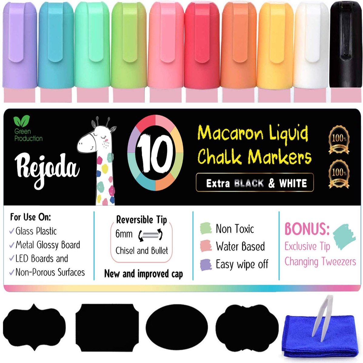 Set Van 10 Pastel Kleuren Whiteboard-marker & Krijtbord-markers - Whiteboardstiften - Bordstiften - Vensterstiften - Glasschilderstiften - Krijtstiften(Bonus 32 Labels, Reinigingsdoek en Pincetten)