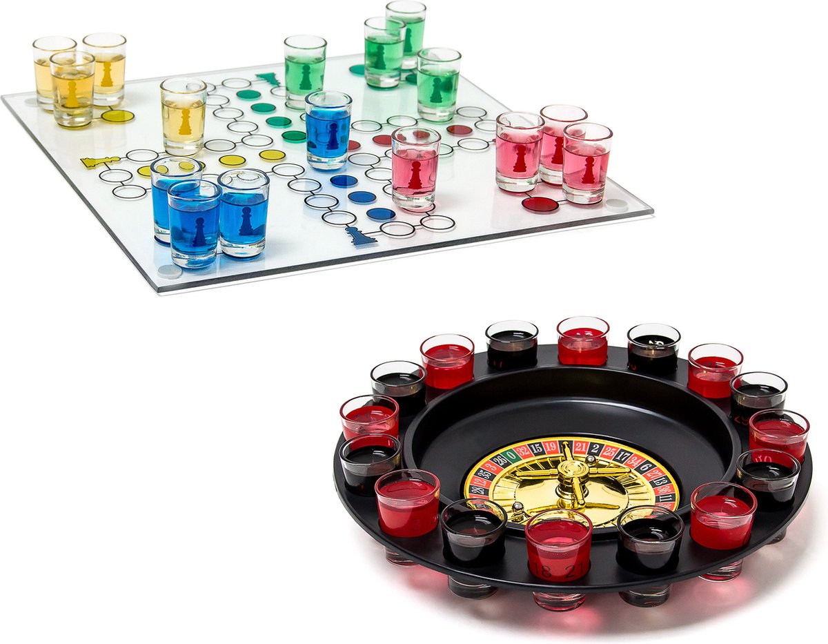 Relaxdays 2-delige drankspel set - drinkspel roulette - drinking ludo - dobbelstenen