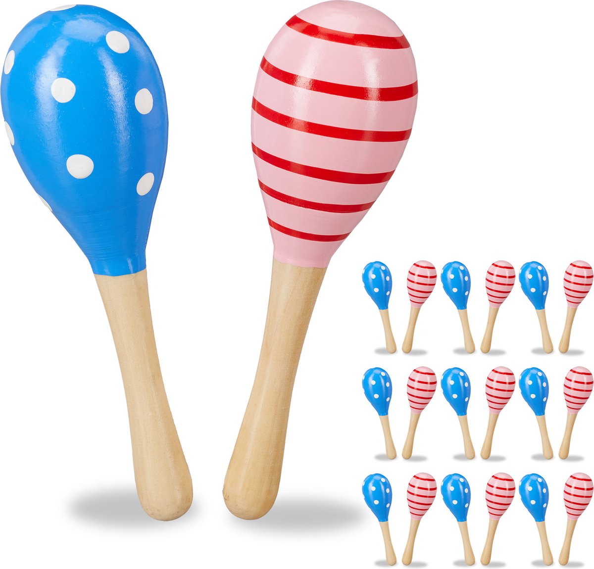 Relaxdays 20x sambaballen voor kinderen - maracas - houten muziekspeelgoed - roze/blauw