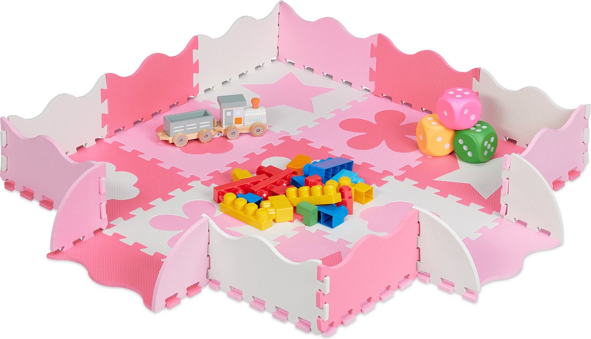 Relaxdays 34-delige speelmat met rand - puzzelmat kinderkamer - speeltegels - vloerpuzzel  - roze