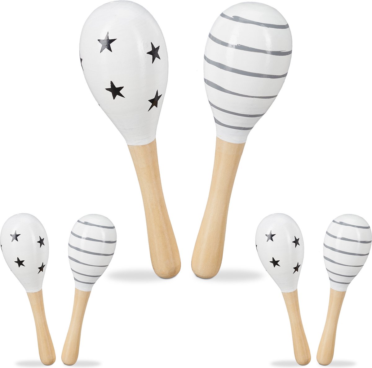 Relaxdays 6x sambabal voor kinderen - maracas - hout - rammelaar - wit