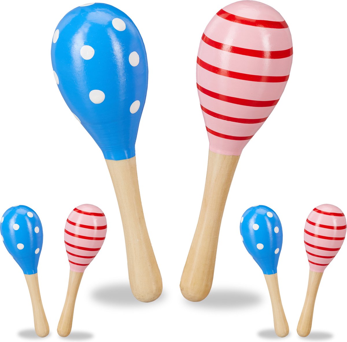 Relaxdays 6x sambaballen voor kinderen - maracas - rammelaar - hout - roze/blauw