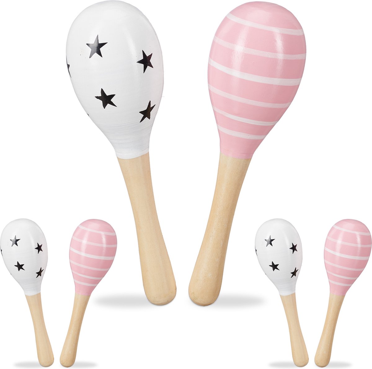 Relaxdays 6x speelgoed sambaballen - maracas kinderen wit roze - muziekspeelgoed peuter