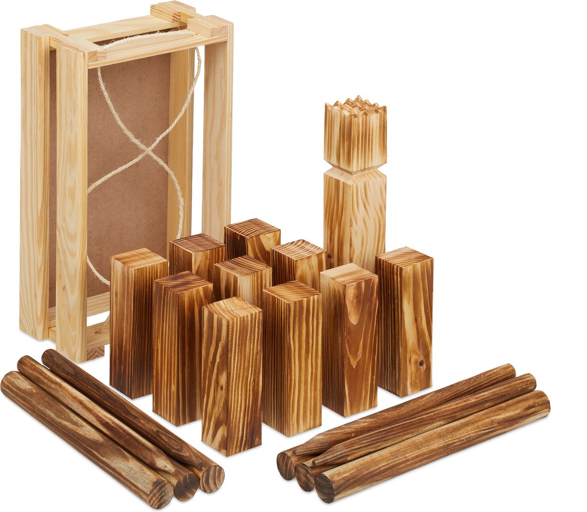 Relaxdays Kubb spel - werpspel - 21 speelfiguren - buitenspel - houten blokken - met kist