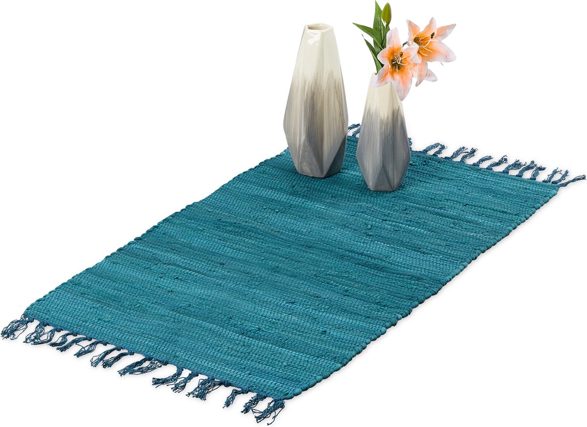 Relaxdays Vloerkleed blauw - van katoen - handgeweven - tapijt - slipvast - chill mat