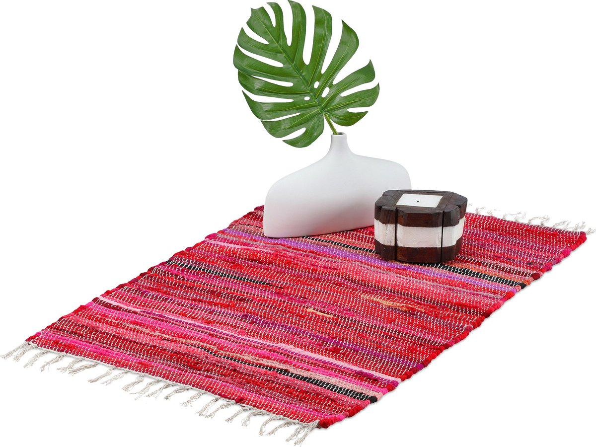 Relaxdays Vloerkleed meerkleurig rood - met franjes - indoor - div. groottes - slipvast